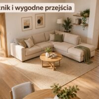 Narożnik modułowy i przejścia między dwoma wejściami do salonu – ilustracja AI