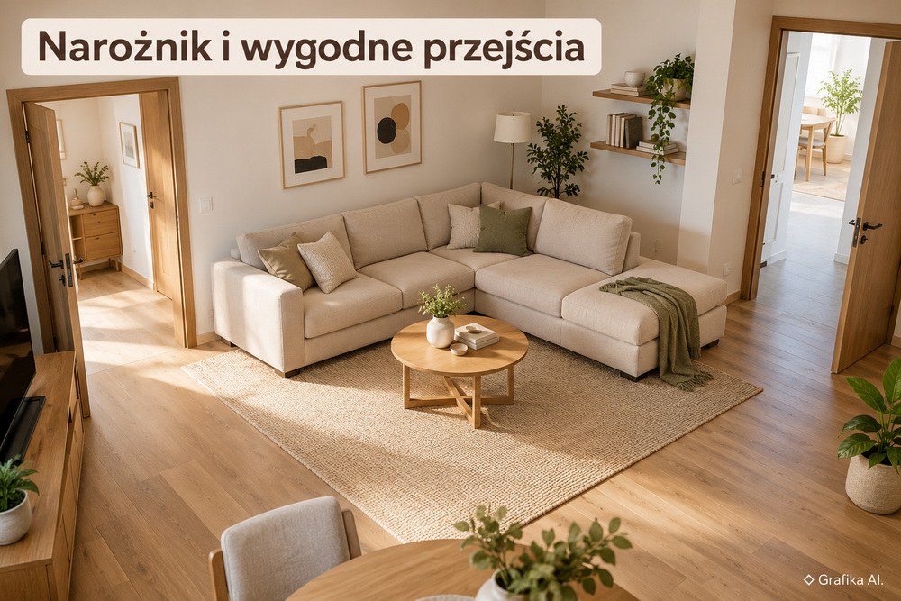 Narożnik modułowy i przejścia między dwoma wejściami do salonu – ilustracja AI