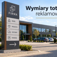 Wolnostojący totem z nazwą firmy i oznaczeniami przy wjeździe na parking – ilustracja AI