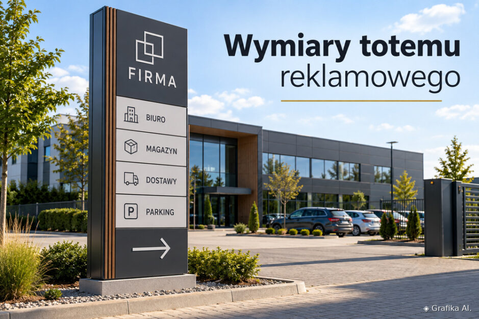 Wolnostojący totem z nazwą firmy i oznaczeniami przy wjeździe na parking – ilustracja AI