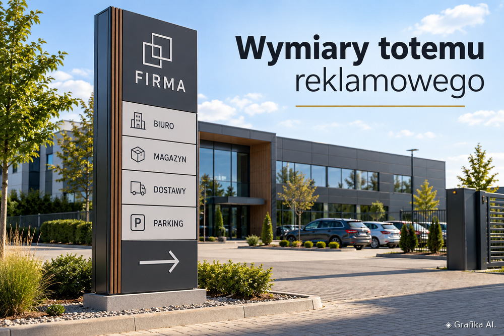 Wolnostojący totem z nazwą firmy i oznaczeniami przy wjeździe na parking – ilustracja AI